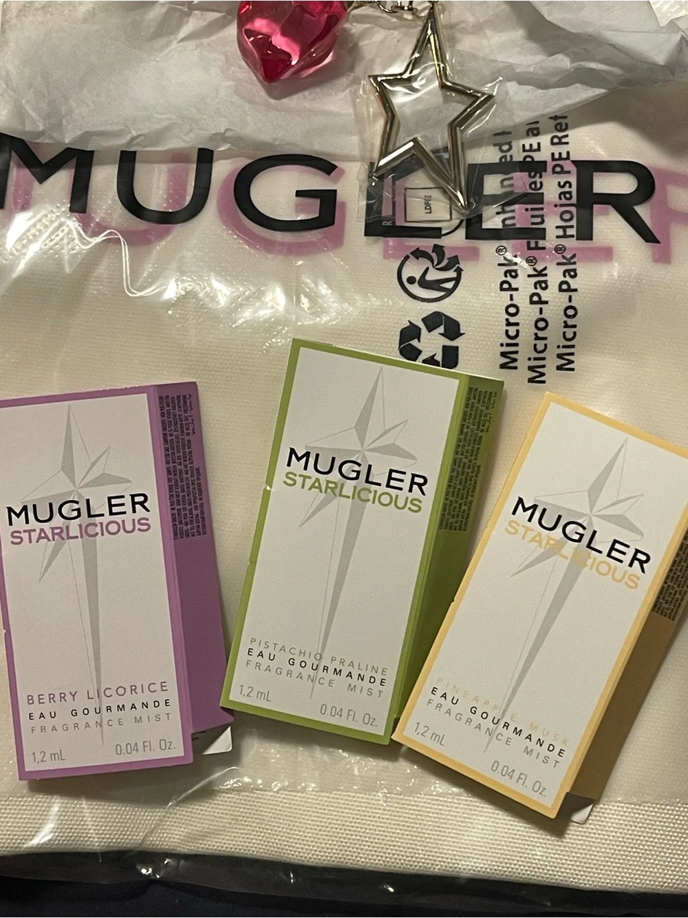 Mugler pink heart & silver star key charm